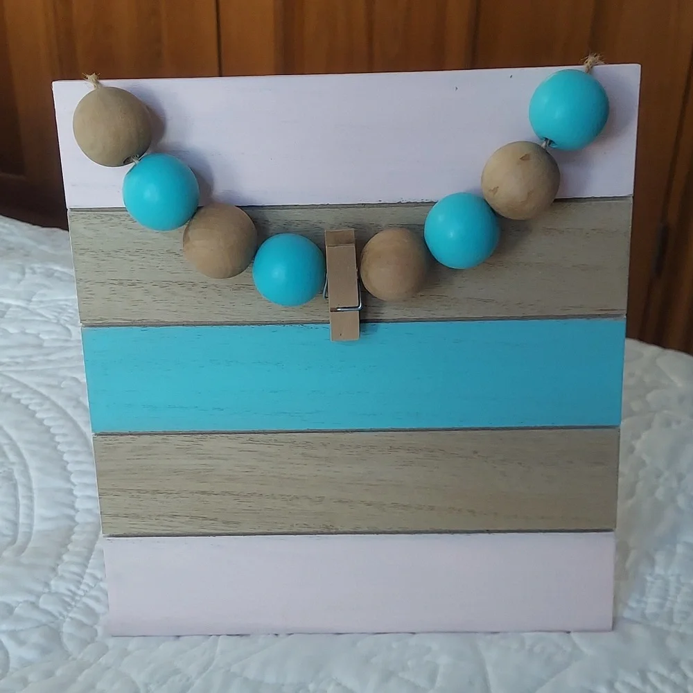 * Hobby Lobby Turquoise, Natural Wood & Pale Pink Striped Photo Frame, Like New